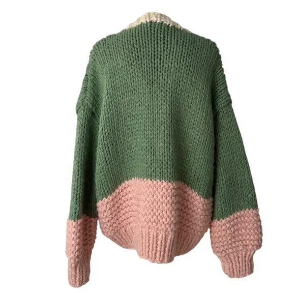Saachi Anthropologie Bella Cardigan Chunky Sweater Green Pink Pockets One-Size - Picture 4 of 8